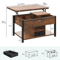 Table basse relevable avec tiroirs, design moderne, structure en acier, plateau en bois, rangement multifonction, transformable en table à manger/salon, durable