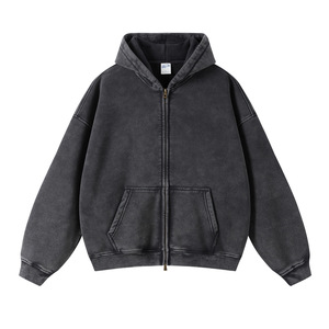 Sudadera tipo cárdigan vintage lavada y desgastada con doble cremallera, forro polar cálido, cortavientos, efecto tie-dye, sin deshilachos, para hombre - Product Image 2