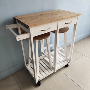 Tavolo pieghevole da cucina in legno con due sgabelli negozio sotto il carrello, <span class=keywords><strong>4</strong></span> rotelle, 2 <span class=keywords><strong>cassetti</strong></span> portaoggetti, rotondo, naturale - Product Image 3