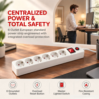 Multiprise industrielle Schuko 6 prises avec protection contre les surcharges et interrupteur marche/arrêt, câble blanc de 1,5 m, norme UE, pour la maison