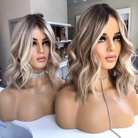 Peluca Corta Ondulada y Voluminosa, Ombre Marrón a Rubio, de Cabello Humano con Línea de Cabello Natural para Uso Diario y Fiestas, Peluca Ondulada Natural Rubio Ceniza
