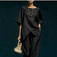Ensemble de mode printemps-automne : Blouse asymétrique à manches courtes et pantalon large, tenue deux pièces
