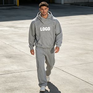 ชุดฮู้ดดี้ครอปผู้ชาย ปักลาย 3 มิติ ล้างสีแบบแอซิด ประดับเพชรเทียม 560GSM ชุดฮู้ดดี้และกางเกงขายาวสำหรับผู้ชาย กางเกงจ็อกกี้ขากว้างทรงหลวม - Product Image 3