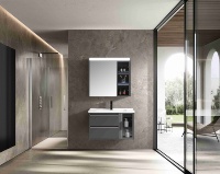 Meuble-lavabo mural gris étanche à 3 portes avec miroir LED et vasque en céramique pour hôtel et appartement - Vente en gros usine