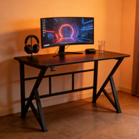 Fabricant de bureaux de jeu, table minimaliste noire pour esports avec crochet pour casque, pour cybercafé et salle de jeu