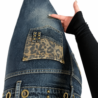Jeans personnalisés pour femmes, style Y2K, patchwork léopard, taille basse, coupe large, denim vintage délavé, avec détails rivets et œillets