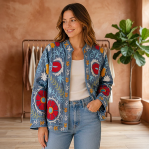 Veste en velours brodée à la main, réversible, style bohème, motif floral Suzani, matelassée, doublure en coton, coupe classique pour femme - Product Image 2