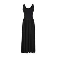 Robe décontractée noire tricotée pour femme, sans manches, col carré, coupe ample, ourlet plissé, taille haute, style vacances