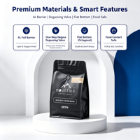 Sachets personnalisés à fond plat givré en papier kraft noir pour grains de café et sucre, avec fermeture éclair et valve de gaz, 250g, jetables