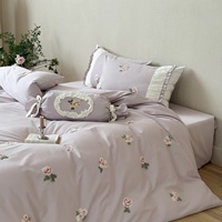 Parure de lit quatre pièces en coton pur 100S brossé, broderie plantes et fleurs, teinture réactive, style français, automne/hiver