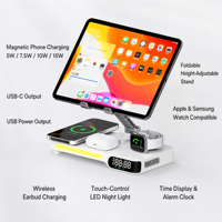 Station de charge magnétique sans fil 7-en-1 à prix d'usine avec support pliable, veilleuse LED, réveil et sorties USB