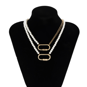 Nouveau collier de perles d'imitation double couche <span class=keywords><strong>simple</strong></span> pour <span class=keywords><strong>femme</strong></span>, collier ras du cou géométrique décontracté - Product Image 5