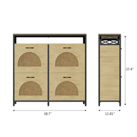Meuble à chaussures multifonctionnel moderne à plusieurs compartiments, panneaux tissés décoratifs, étagère supérieure ouverte, construction en bois massif