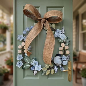 Corona de estilo rústico con flores azules y lazo de arpillera, corona decorativa hecha a mano para decoración de puertas o paredes - Product Image 1