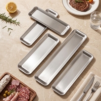 Assiette rectangulaire en acier inoxydable de style coréen, écologique, durable, à motif uni, à bord étroit, argentée, 80*15cm, pour la maison et l'hôtel