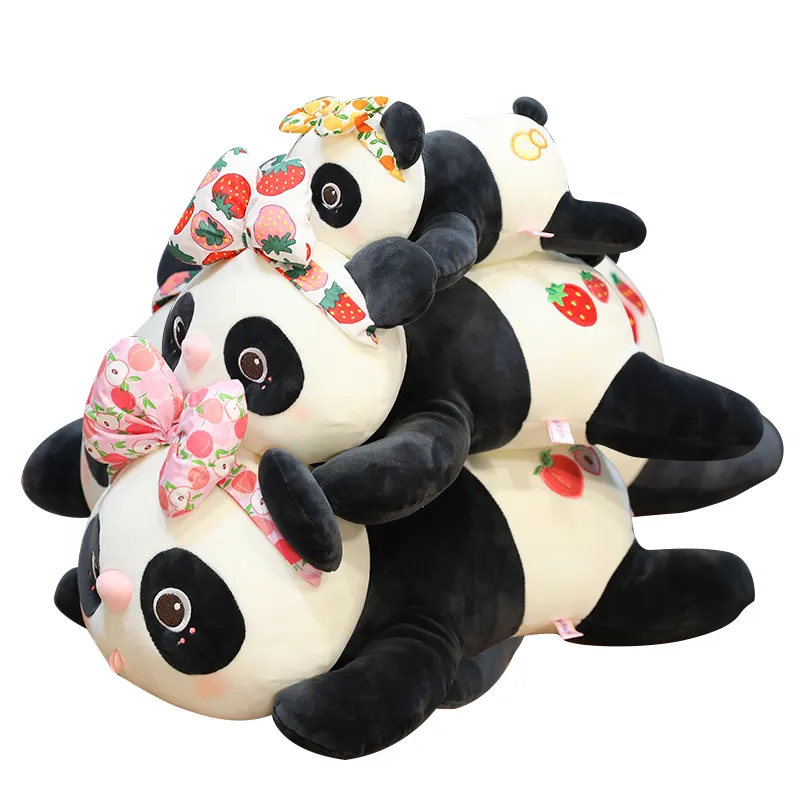 Travesseiro de pelúcia de panda de 28cm, brinquedo de pelúcia macio, almofada de brinquedo de panda com faixa de cabelo, morango, laranja, padrão de pêssego