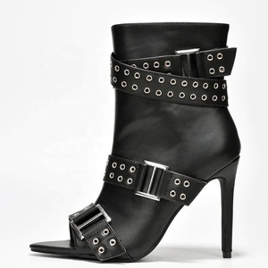 Bottes courtes sexy pour femme à talons aiguilles, grande taille 44, sandales d'été à bout ouvert, avec boucles de ceinture - Product Image 1