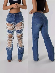 Moda 2024 verano nuevo agujeros <span class=keywords><strong>rotos</strong></span> perla borlas cadena <span class=keywords><strong>mujer</strong></span> <span class=keywords><strong>Jeans</strong></span> Pantalones rectos de <span class=keywords><strong>mujer</strong></span> - Product Image 4