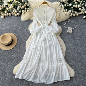 Abito <span class=keywords><strong>Giallo</strong></span> in Pizzo Traforato Ricamato da Donna a <span class=keywords><strong>Maniche</strong></span> <span class=keywords><strong>Lunghe</strong></span> a Vita Alta con Taglio ad A - Product Image 4