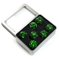 Ensemble de 7 dés polyédriques ronds creux en métal DND D20 RPG avec boîte en étain à fenêtre complète pour jeux de société, cadeaux et divertissement