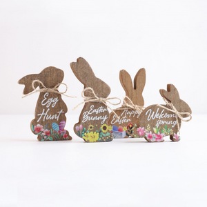 Ensemble de 4 décorations de Pâques en MDF en forme de lapin, faites à la main, décoration de printemps pour intérieur - Product Image 1