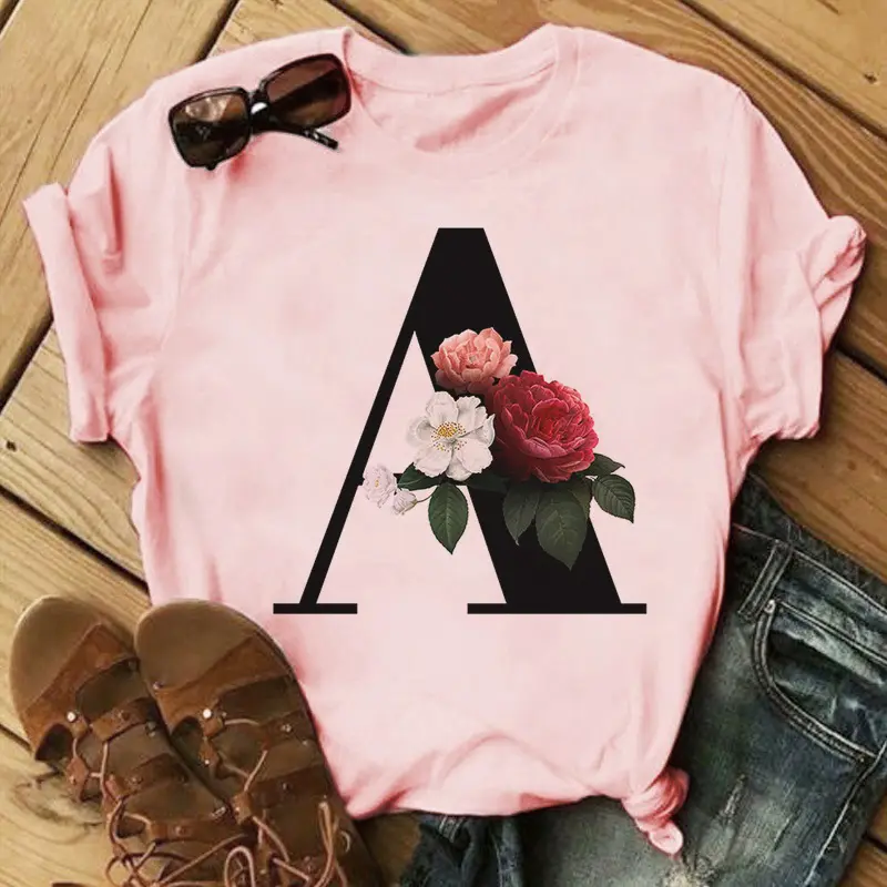 Roze T-shirt Fashion Zwart 26 Letters Bloem Print Mannen En Vrouwen Paar T-shirt Wens Groothandel