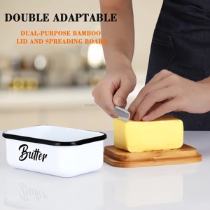 <span class=keywords><strong>Accessoires</strong></span> de décoration de <span class=keywords><strong>cuisine</strong></span> Grand plat à beurre en porcelaine blanche avec couvercle en bois d'acacia épais Contenant à beurre en céramique noire avec couvercle - Product Image 2