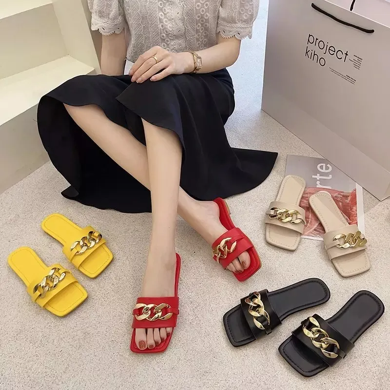 Women Slippers Ladies Square Open Toe Flat Outdoor Slides Fashion Metal Decoration Female Beach Shoes