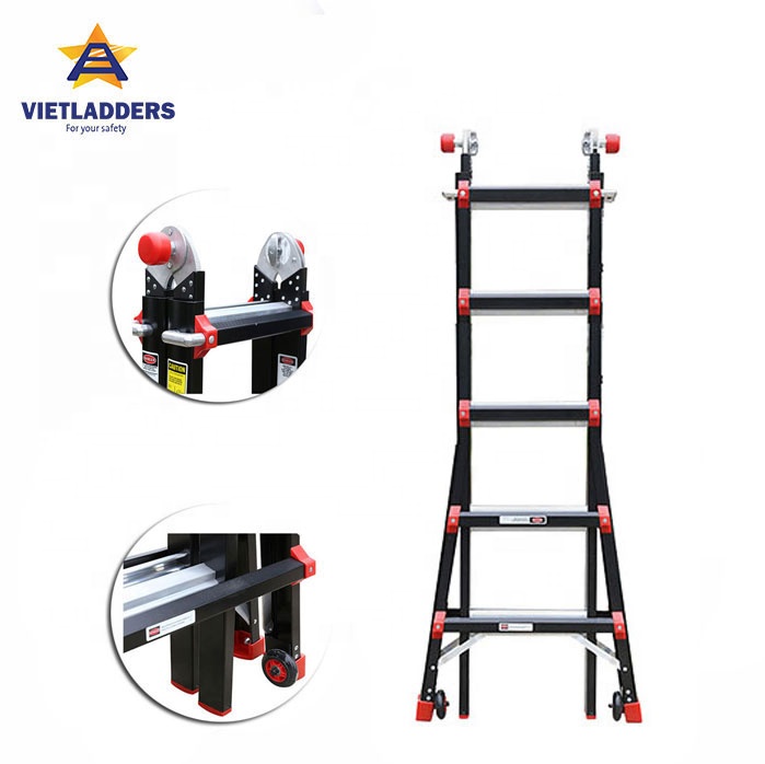 En131 Multifunctionele Aluminium Vouwladder Verlengladders Met Wielen NVLB-45 Opvouwbare Aluminium Ladders