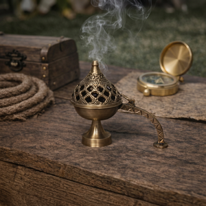 Brûleur d'encens en laiton fait main avec un motif en treillis complexe pour usage religieux, diffuseur d'aromathérapie toutes saisons - Product Image 1