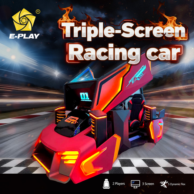 Eplay Red Coin-operated Indoor 3-Screen Racing Simulator Arcade VR Game Machine Car Driving Simulator for Airport Use 2 Players
