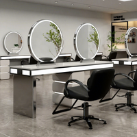 Miroir de salon de coiffure en acier inoxydable avec armoire intégrée, design moderne à LED, table de chaise simple/double face pour la coupe de cheveux, tendance