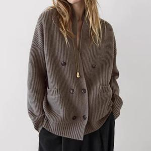 Cardigan di moda personalizzata da <span class=keywords><strong>donna</strong></span> a coste in maglia a doppio petto morbido maglieria <span class=keywords><strong>oversize</strong></span> con bottone maglione femminile - Product Image 1