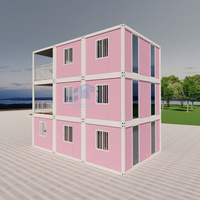 Maison-conteneur rose moderne et éco-chic à 3 niveaux pour les entreprises, espace de travail commercial tendance, façade en verre, terrasse paysagée