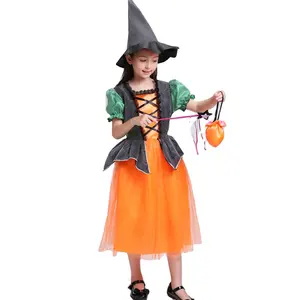 girls pumpkin halloween costume for kids stage costumes sex witch cosplay supplies party evening dress HLW013