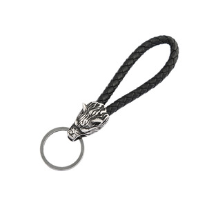 Porte-clés en acier inoxydable yunnique avec tête de loup, cordon en cuir tressé rétro, accessoire pour clés de voiture - Product Image 5