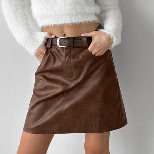 Autumn and Winter Retro High-end <strong>Brown</strong> Synthetic <strong>Leather</strong> High Waisted Straight <strong>Skirt</strong> Temperament Women's Short <strong>Skirt</strong> - Product Image 4