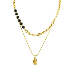 Collar de doble capa de acero inoxidable con cuentas doradas de la Virgen María, diseño de cadena con monedas, joyería para hombre - Product Image 5