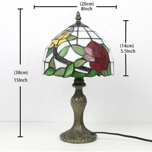LongHuiJing for Style 8Inch Dome AC LED Adjustable <b>Table</b> <b>Lamp</b> Metal <b>Base</b> Stained Glass Lampshade Green Leaves Red Roses - Product Image 4