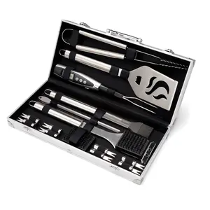 Set alat panggang BBQ Stainless Steel mewah, 20 buah dengan tas jinjing aluminium