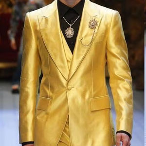 闪亮的黄色新郎礼服优秀男士婚纱男士商务舞会晚宴节日套装 (夹克 + 裤子 + 背心) - Product Image 1