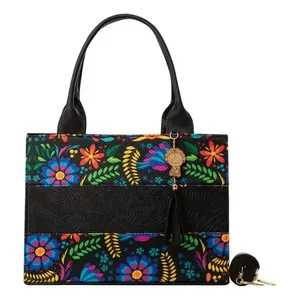 Borsa da donna Fana Danae in juta nera in cotone ecologico resistente alla moda con scritta leopardata per la pubblicità quotidiana