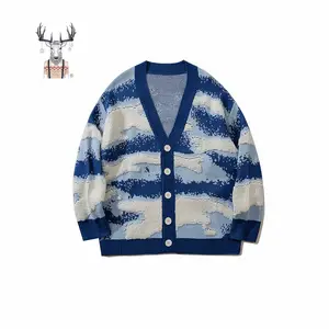 Custom Low MOQ 100% Cotton Jacquard Logo Knitted Men Cardigan Sweater