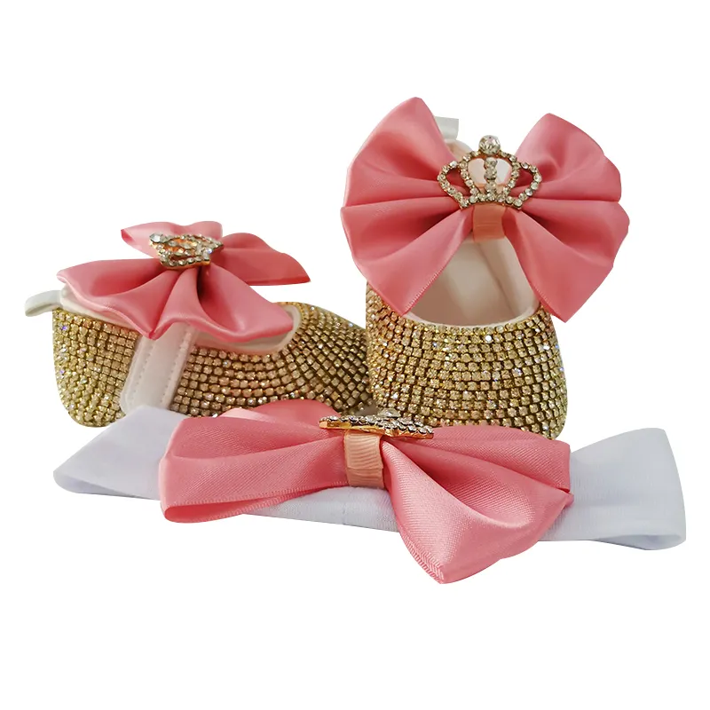 Dollbling Newborn Rhinestone Bling Baby Shoes Luxury Girls Mary Jane Shoes Hairband Set for First Walking Photography