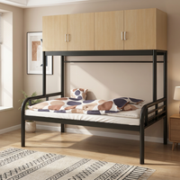 Lit mezzanine moderne réglable et peu encombrant en fer avec placard supérieur en bois et finition noire robuste pour chambre d'étudiant