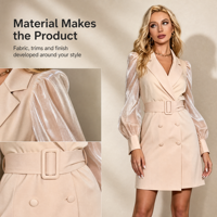 Robe de bureau élégante pour femme, couleur unie, style plissé, col tailleur, manches longues, été, haut de gamme, OEM