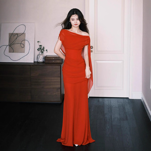 Red Off-Shoulder Backless Evening Gown Natural Waist Claret Polyester Coming-Of-Age Ceremony Dress - Product Image 1