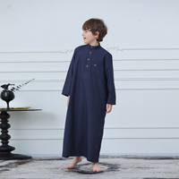 Qamis bleu marine pour garçons, vêtements islamiques saoudiens, chemise à col boutonnée, Jubba, robe arabe, tenue musulmane pour enfants, Dubaï, Qatar, Ramadan