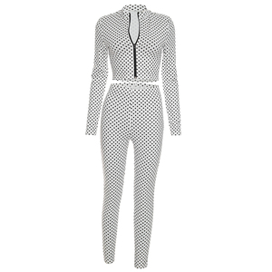 Viviblook J26ST314 Women Outfits Long Sleeved Zipper Cardigan Crop Top Tight Pants Polka Dot Print Two <b>Piece</b> <b>Set</b> - Product Image 4