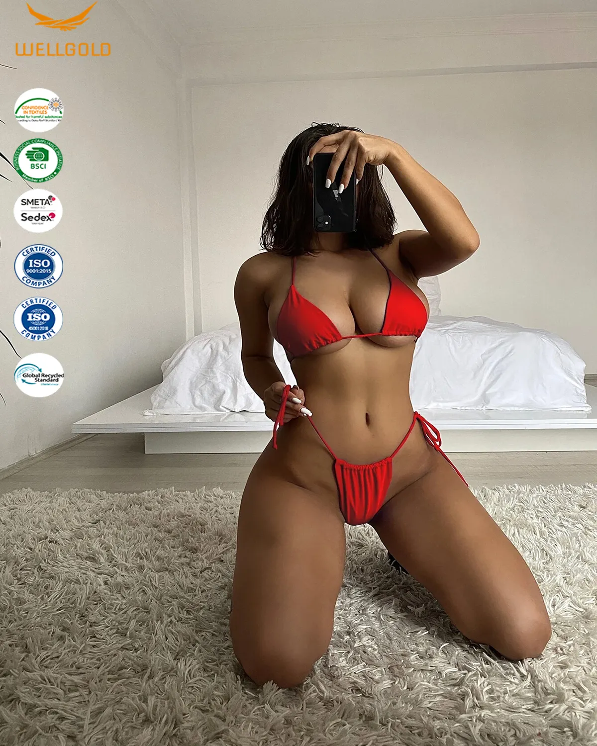 Wellgold Damen sexy rote Farbe Triangle Thong Bikini Badeanzug zweiteilige Damen Mädchen Bade bekleidung